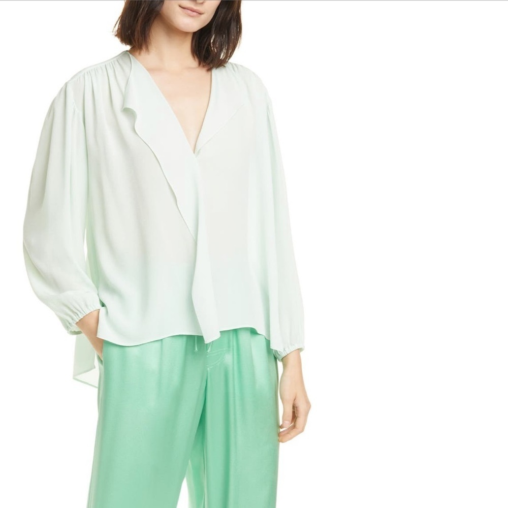 Vince shirred long sleeve silk blouse sea foam XXS new with tags